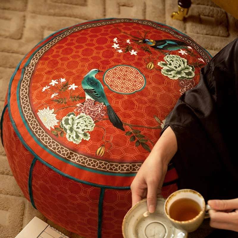 Chinoiserie Plush Joyful Red Sofa Ottoman Pouf - SinoCultural -- B48J0009-C