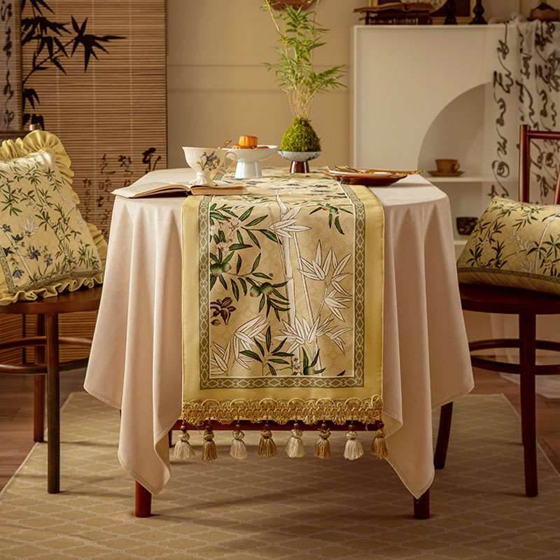 Chinoiserie Traditional Autumn Orchids Yellow Table Runner - SinoCultural -- TR013Y160