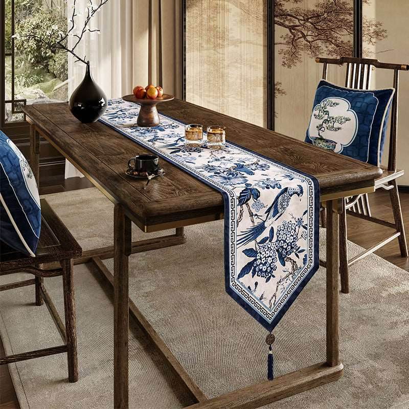 Chinoiserie Traditional Blue and White Long Table Runner - SinoCultural -- TR006BW160 -