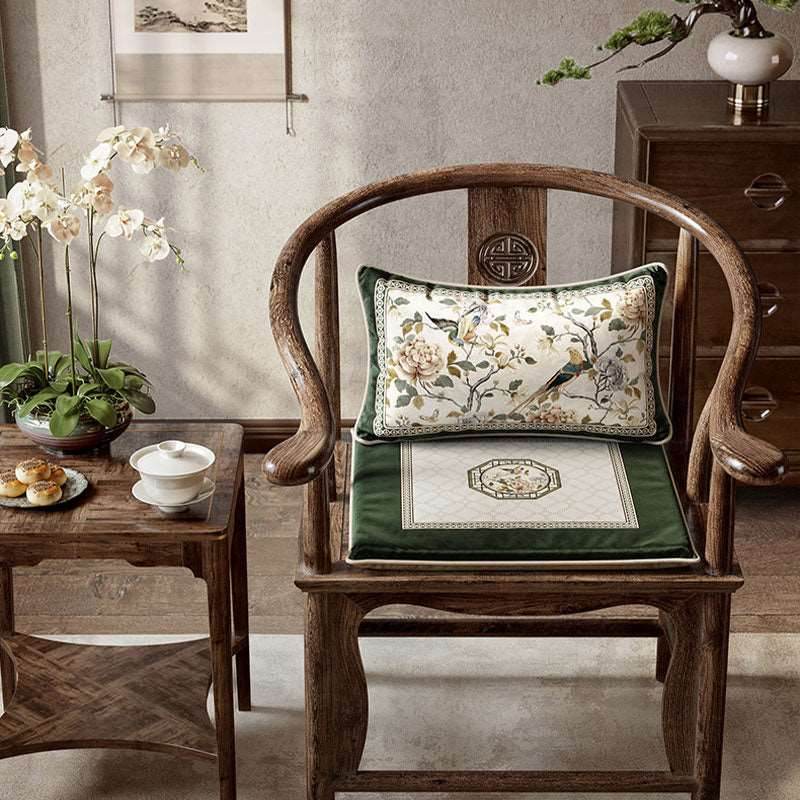 Chinoiserie Warm Spring Dark Green Flower and Birds Chair Cushion - SinoCultural -- SC012A38 -