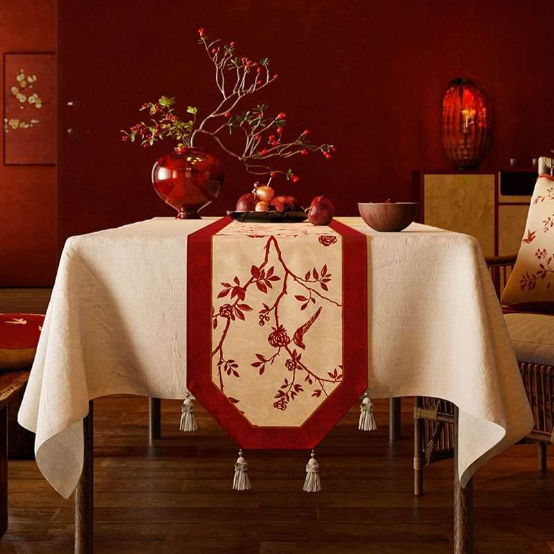 Chinoiserie Wedding Luxe Flower and Bird Red Table Runner - SinoCultural -- TR003RW160