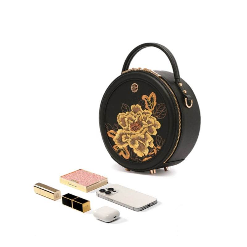 Embroidery Leather Round Handbag High Luxury Royal Gold Peony - SinoCultural -- P110171