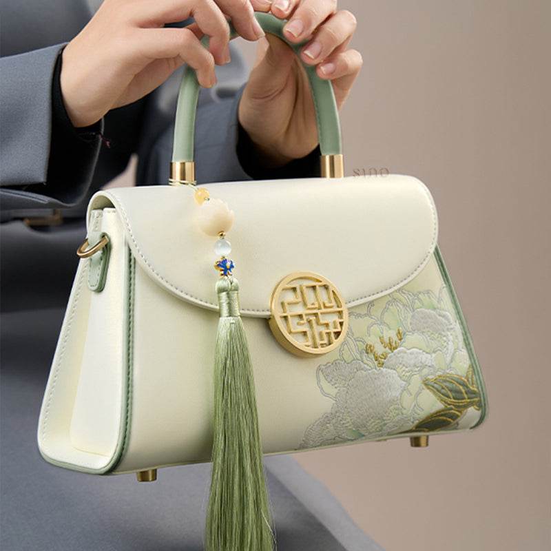 Embroidery Leather White Crossbody Bag Hibiscus Women Handbag - SinoCultural -- P120557