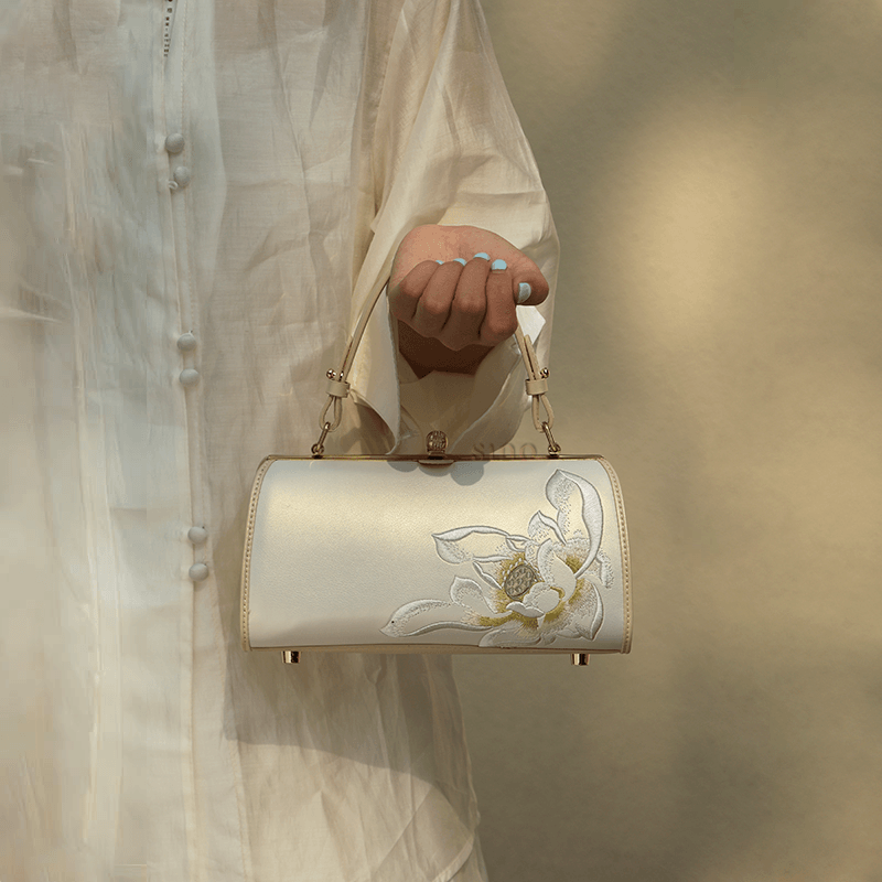 Embroidery Leather White Shoulder Bag Lotus Elegant Handbag - SinoCultural -- P120312 -