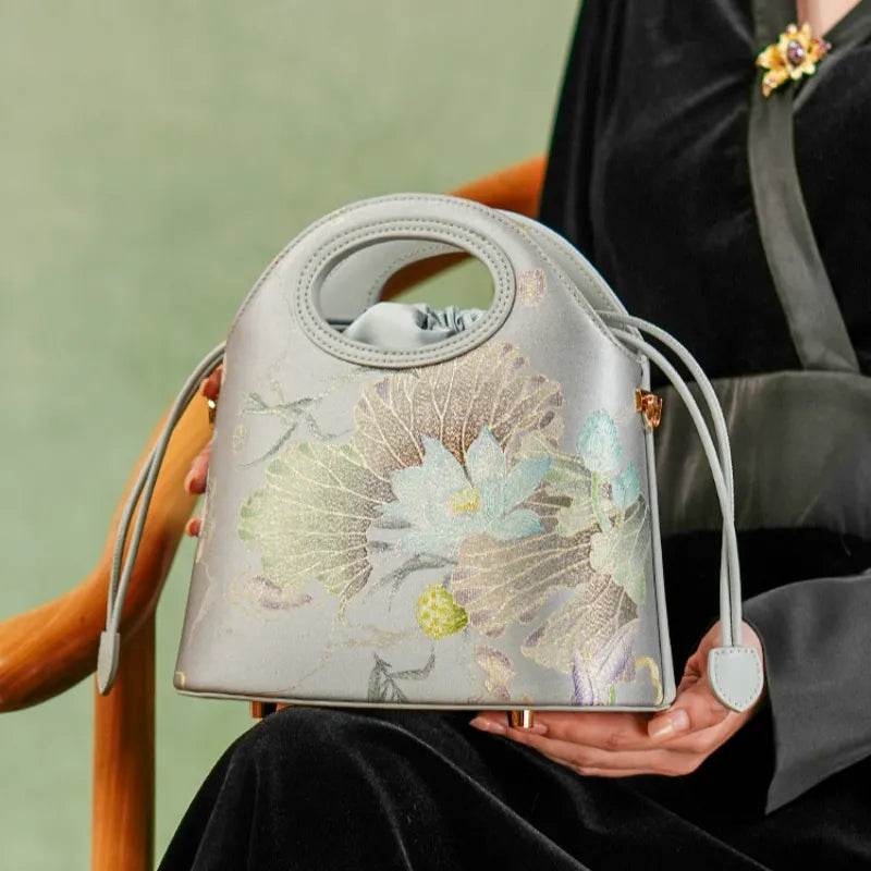Printed Jacquard Lotus Gray Drawstring Bucket Bag - SinoCultural