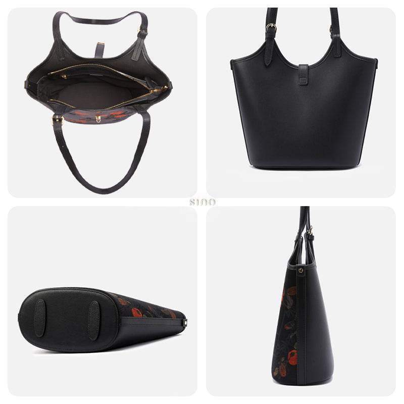 Xiangyunsha Silk Leather Printed Persimmon Bucket Bag - SinoCultural -- YS120762