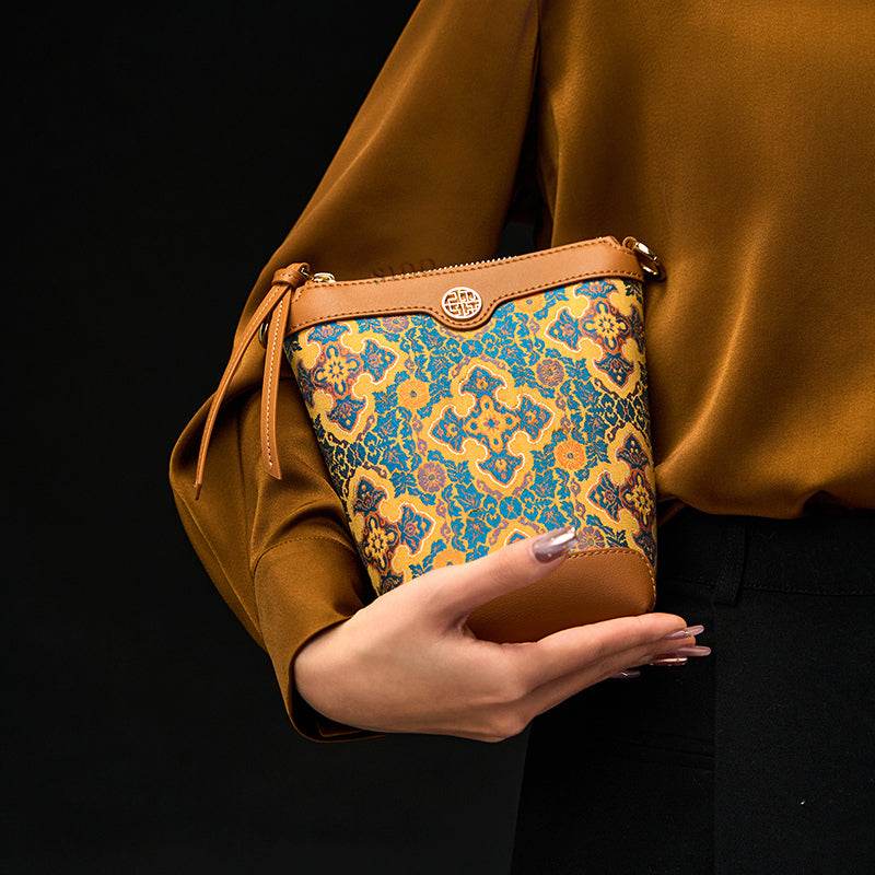 Song Brocade Leather Crossbody Mobile Phone Bag Four Harmonies and Ruyi Pattern - SinoCultural -- P220608