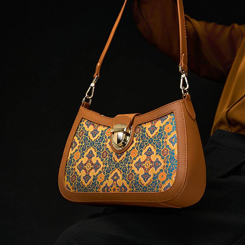 Song Brocade Leather Shoulder Underarm Bag Four Harmonies and Ruyi Pattern - SinoCultural -- P270038 -
