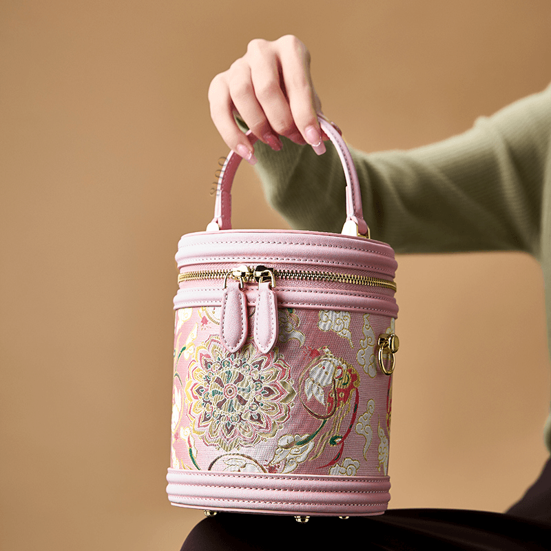 Song Brocade Powder Pink Bucket Bag Lotus & Lucky Rabbit Pattern - SinoCultural -- P12065102