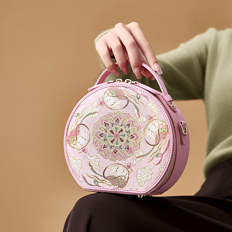 Song Brocade Powder Round Bag Lotus & Lucky Rabbit Pattern - SinoCultural -- P12065502LP-1