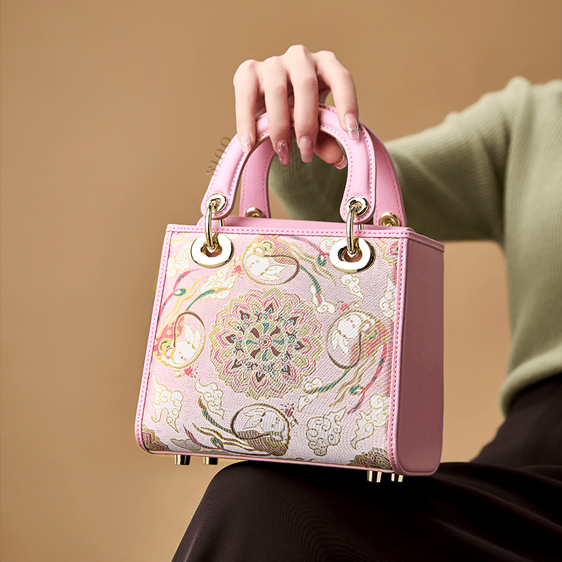 Song Brocade Powder Pink Crossbody Handbag Lotus & Lucky Rabbit Pattern - SinoCultural -- P12065302-1