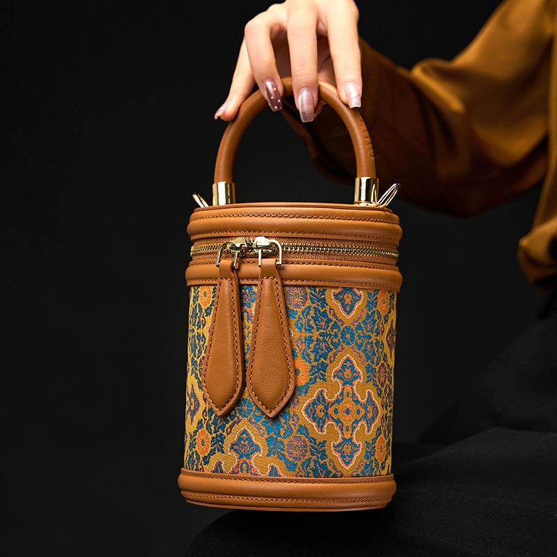 Song Brocade Vintage Bucket Bag Crossbody Bag Four Harmonies and Ruyi Pattern - SinoCultural -- P110179