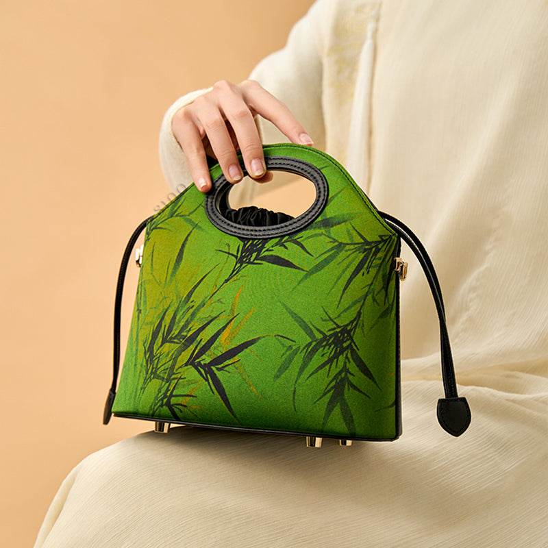Xiangyunsha Silk Bamboo Green Drawstring Bucket Bag - SinoCultural -- YS120670-2 -