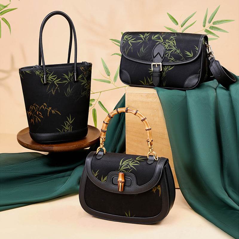 Xiangyunsha Silk Black Bamboo Print Crossbody Bucket Bag - SinoCultural -- P110608 -