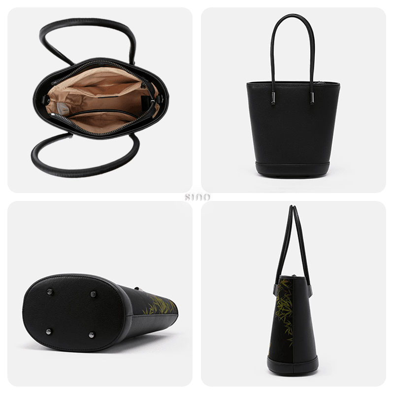 Xiangyunsha Silk Black Bamboo Print Crossbody Bucket Bag - SinoCultural -- P110608 -
