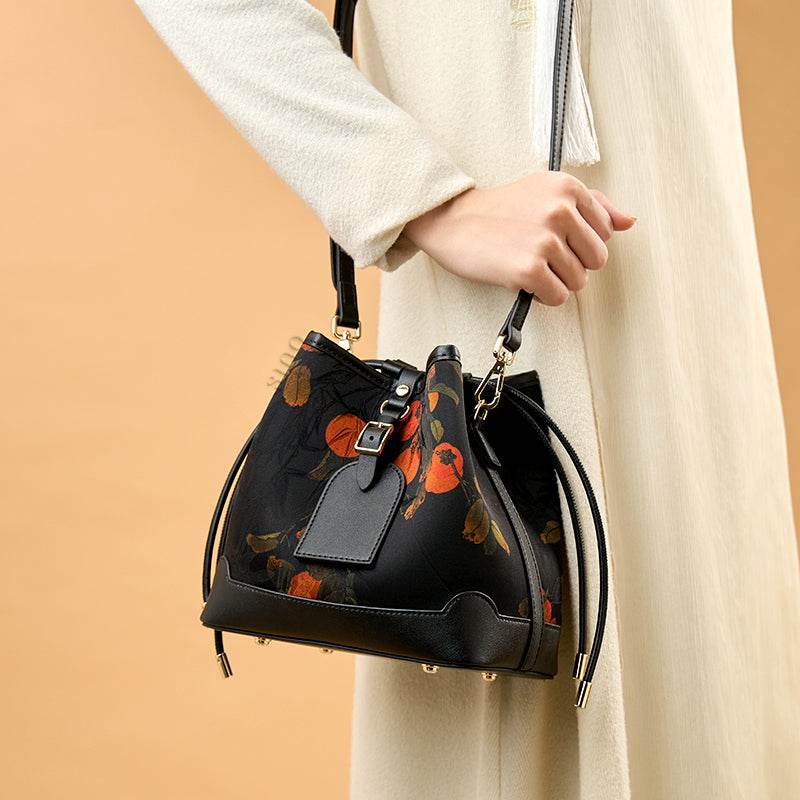 Xiangyunsha Silk Leather Printed Persimmon Bucket Bag - SinoCultural -- YS220680
