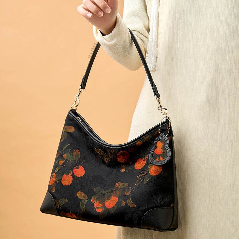 Xiangyunsha Silk Leather Printed Persimmon Shoulder Bag - SinoCultural -- YS220679