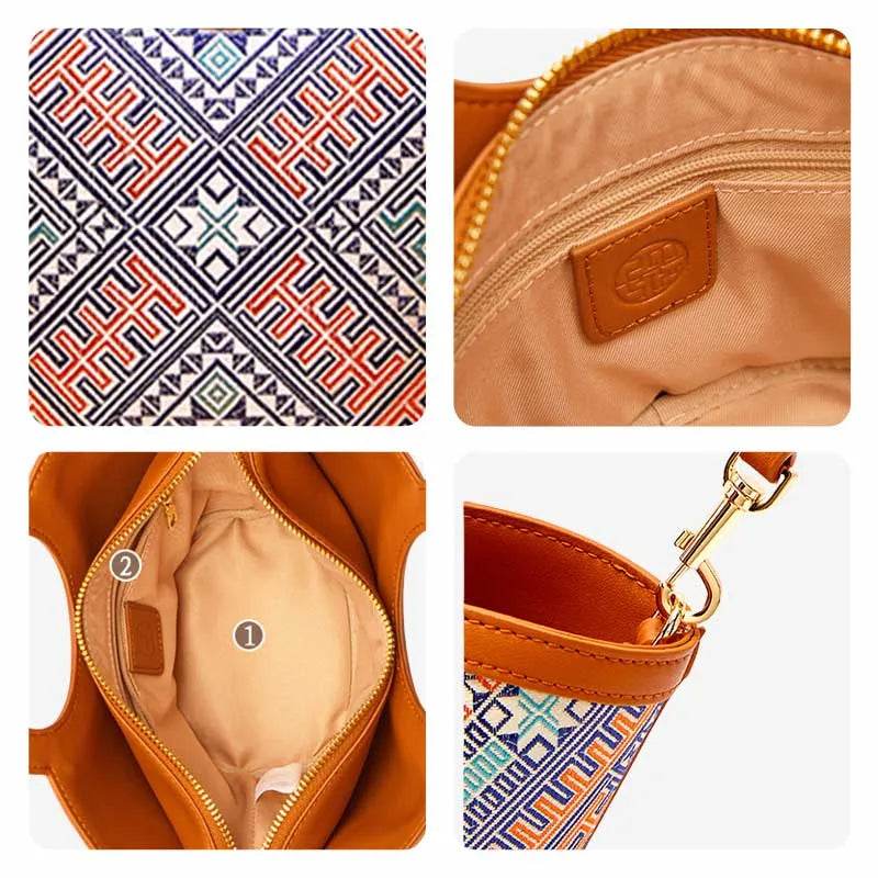 Zhuang Brocade Handicraft Unique Crossbody Basket Bag - SinoCultural -- FJ120001-2