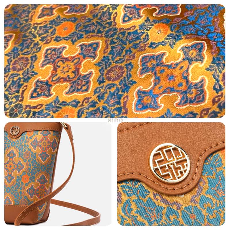 Song Brocade Leather Crossbody Mobile Phone Bag Four Harmonies and Ruyi Pattern - SinoCultural -- P220608