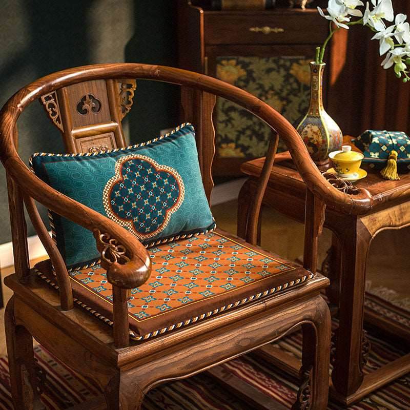 Chinoiserie Blue-Orange Classic Short Plush Chair Cushion - SinoCultural -- SC006A38 -