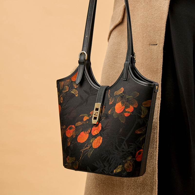 Xiangyunsha Silk Leather Printed Persimmon Bucket Bag - SinoCultural -- YS120762