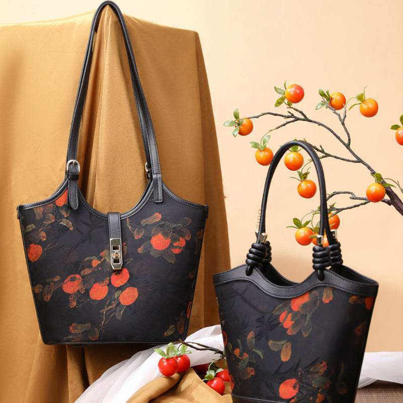Xiangyunsha Silk Leather Printed Persimmon Shoulder Bag - SinoCultural -- YS120763