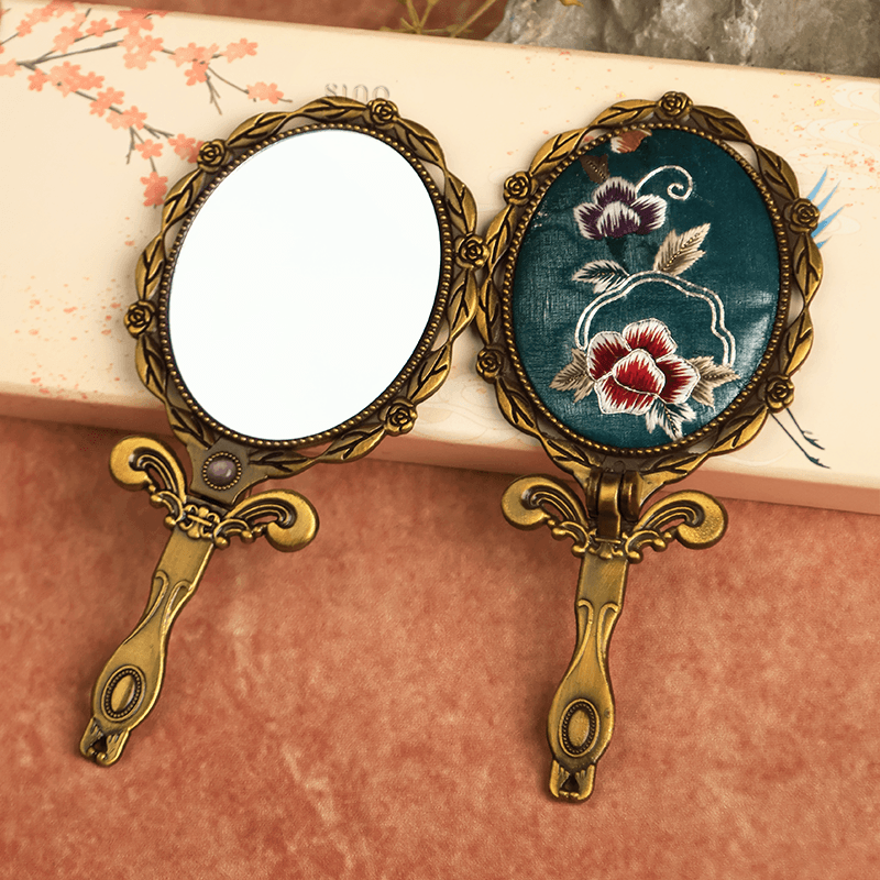 Limited Edition Hand Embroidery Handheld Makeup Beauty Metal Mirror - SinoCultural -- MIR028