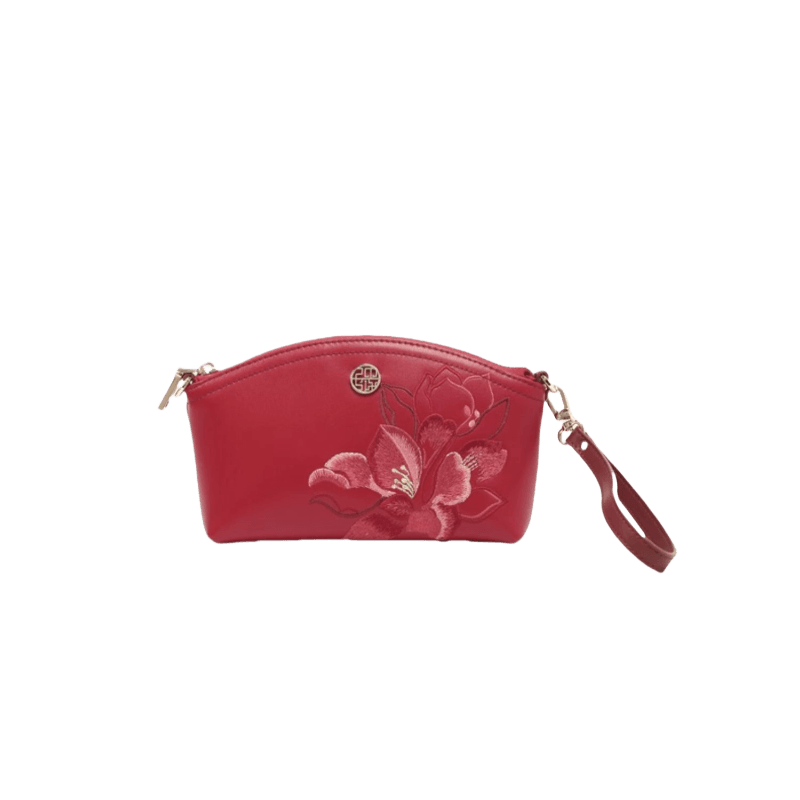 Embroidery Leather Red Magnolia Women‘s Handbag Wallet - SinoCultural -- P220248-1