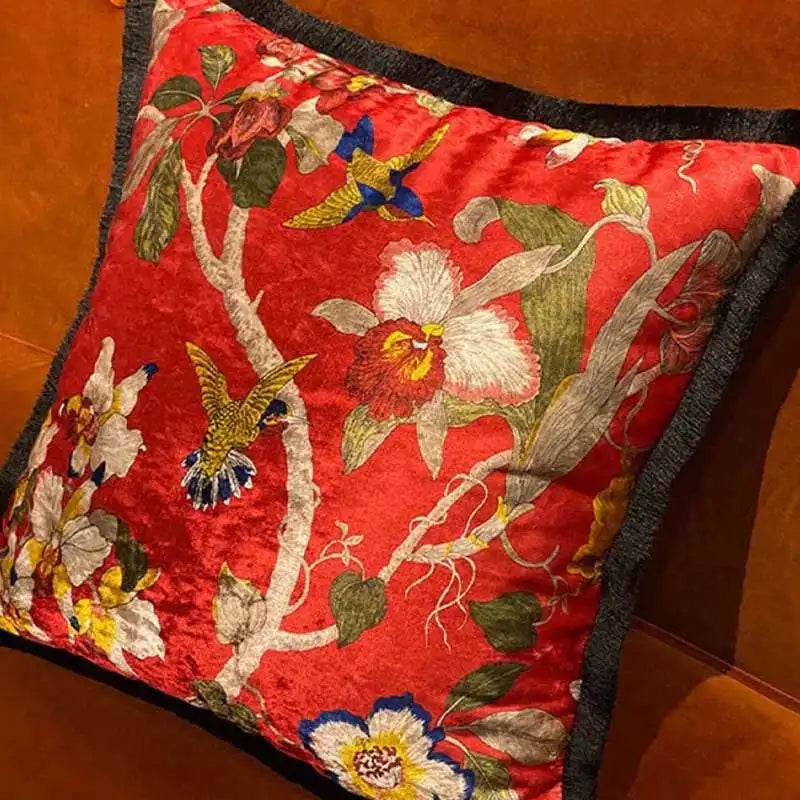 Chinoiserie Vintage Velvet Throw Pillow Floral and Botanical - SinoCultural -- SJZBZ006B01 -