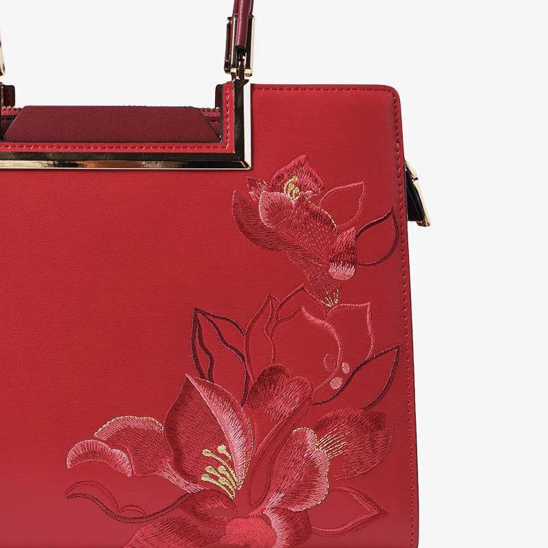 Sinocultural Embroidery Leather Red Tote Bag Magnolia Women's Handbag - SinoCultural -- P120346-1