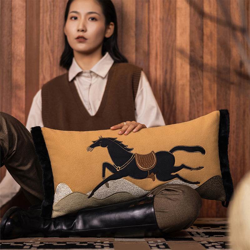 Chinoiserie Equestrian Decorative Lumbar Pillow for Living Room - SinoCultural -- SJZBZ079A01