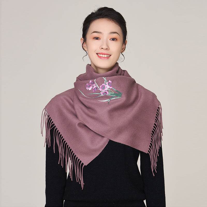 Handmade Suzhou Embroidery Wool Cashmere Scarf with Narcissus Flower 200x38cm - SinoCultural -- HYFSJ058-4