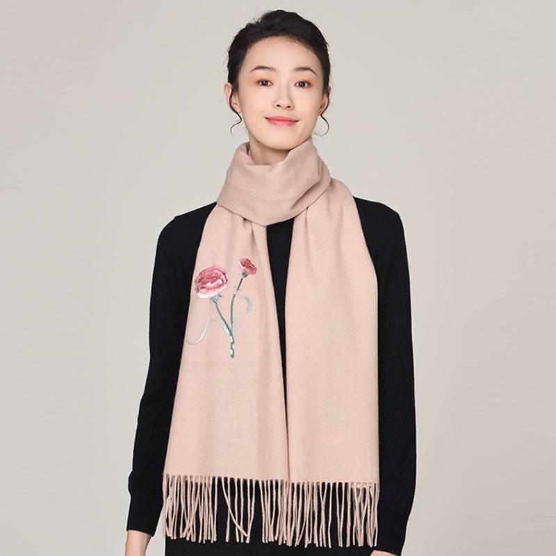 Handmade Suzhou Embroidery Wool Cashmere Scarf Shawl for Women 200x38cm - SinoCultural -- HYFSJ056-1