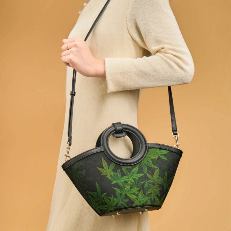 Xiangyunsha Silk Black Maple Leaves Basket Bag - SinoCultural -- P120497
