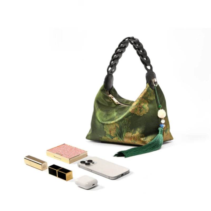 Xiangyunsha Silk Dark Green Mulberry Silk Shoulder Bag - SinoCultural