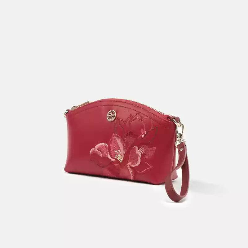 Embroidery Leather Red Magnolia Women‘s Handbag Wallet - SinoCultural -- P220248-1