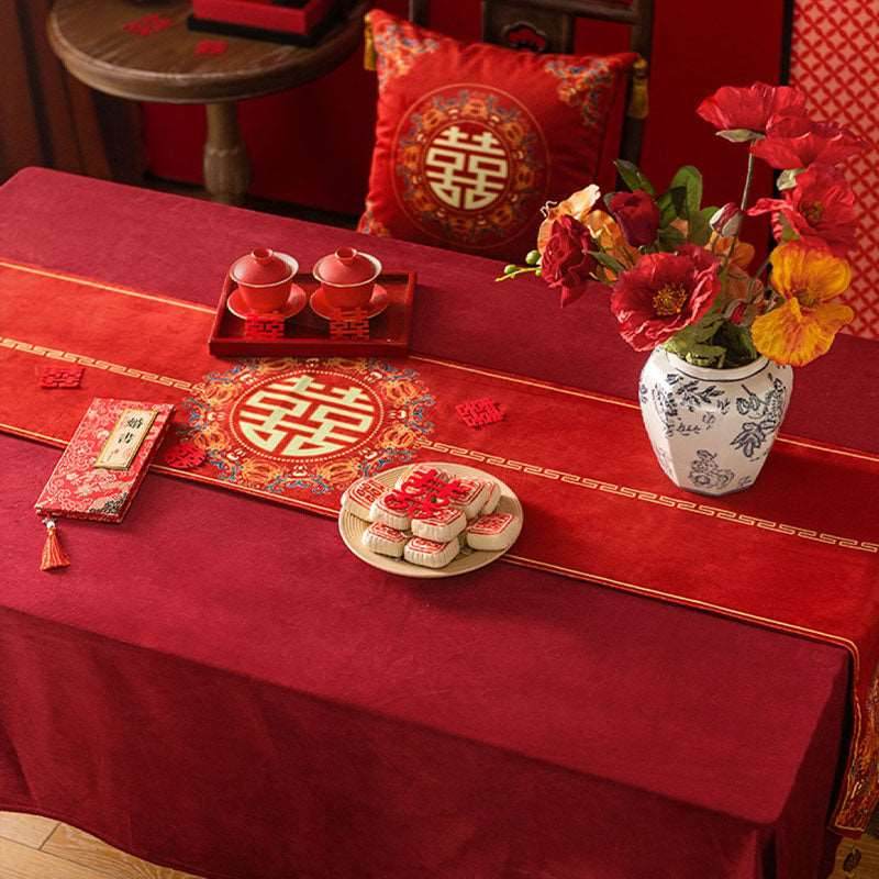 Chinoiserie Wedding Celebration Prosperity 囍(xǐ) Table Runner - SinoCultural -- TR010R160