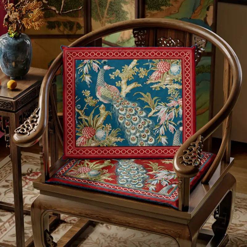 Chinoiserie Festive Red Peacock Wood Chair Cushion - SinoCultural -- SC050A38