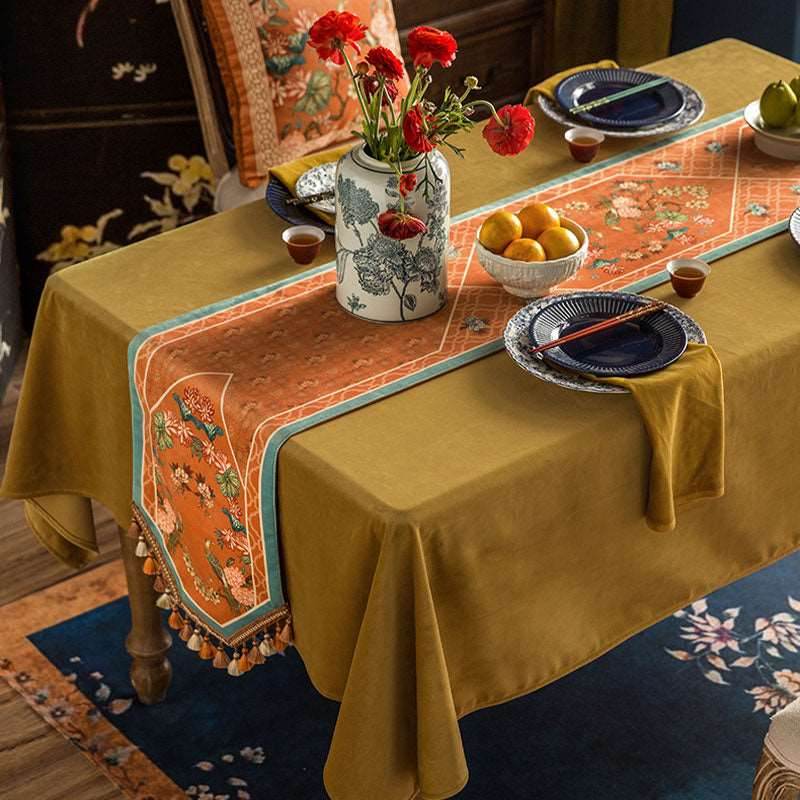 Chinoiserie Orange Mountain Hydrangea Table Runner - SinoCultural -- TR005Y160 -