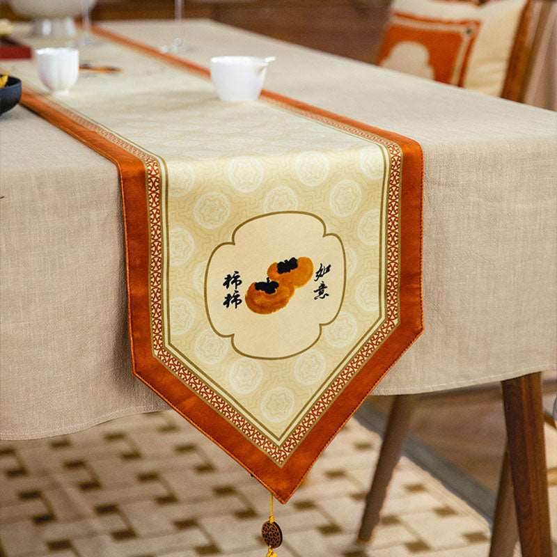 Chinoiserie Orange Table Runner Persimmons Blessings - SinoCultural -- TR007A160 -