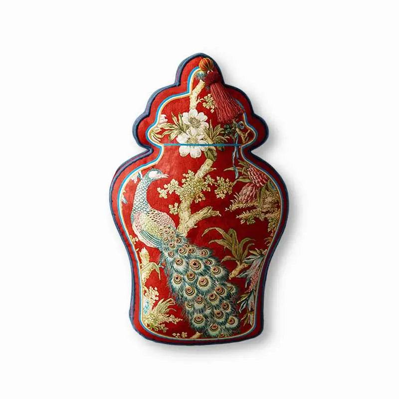 Chinoiserie Original Luxurious Vase-Shaped Peacock Lumbar Pillow - SinoCultural -- SJZBZ064A01