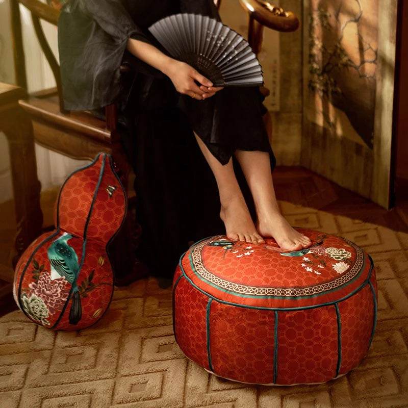 Chinoiserie Plush Joyful Red Sofa Ottoman Pouf - SinoCultural -- B48J0009-C