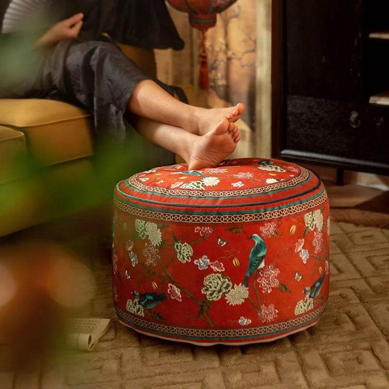 Chinoiserie Plush Joyful Red Sofa Ottoman Pouf - SinoCultural -- B48J0010-C