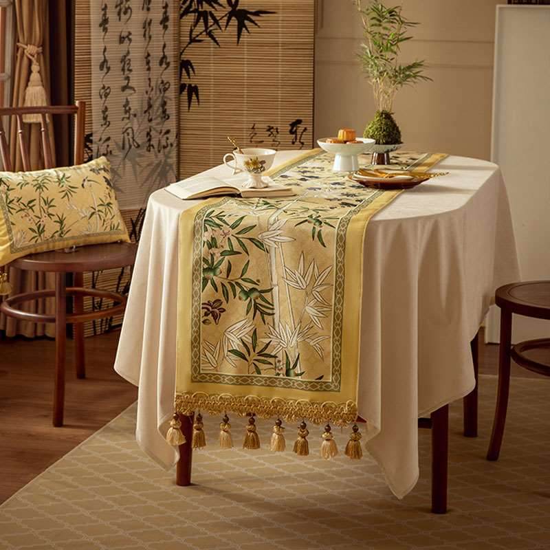 Chinoiserie Traditional Autumn Orchids Yellow Table Runner - SinoCultural -- TR013Y160