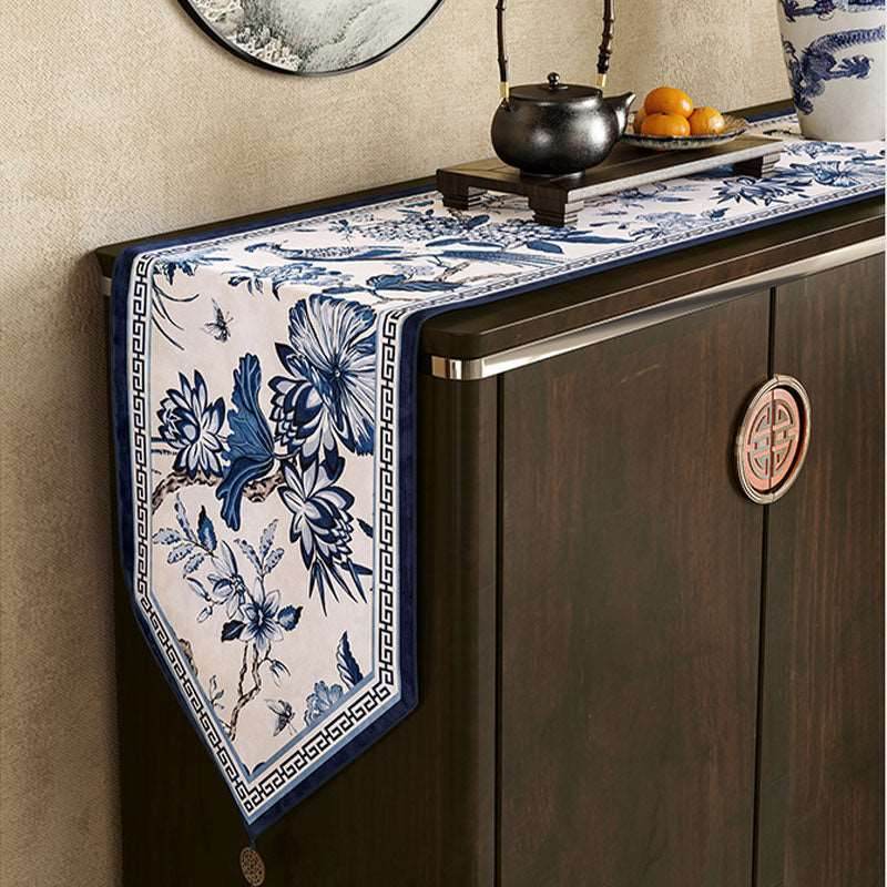 Chinoiserie Traditional Blue and White Long Table Runner - SinoCultural -- TR006BW160 -
