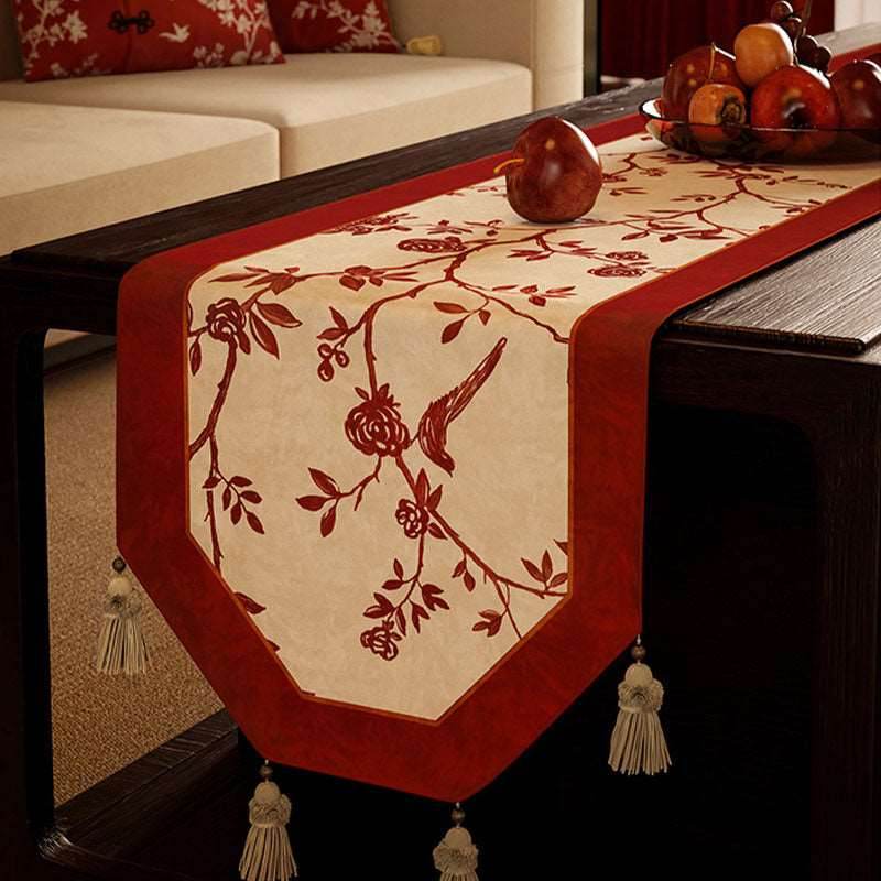 Chinoiserie Wedding Luxe Flower and Bird Red Table Runner - SinoCultural -- TR003RW160