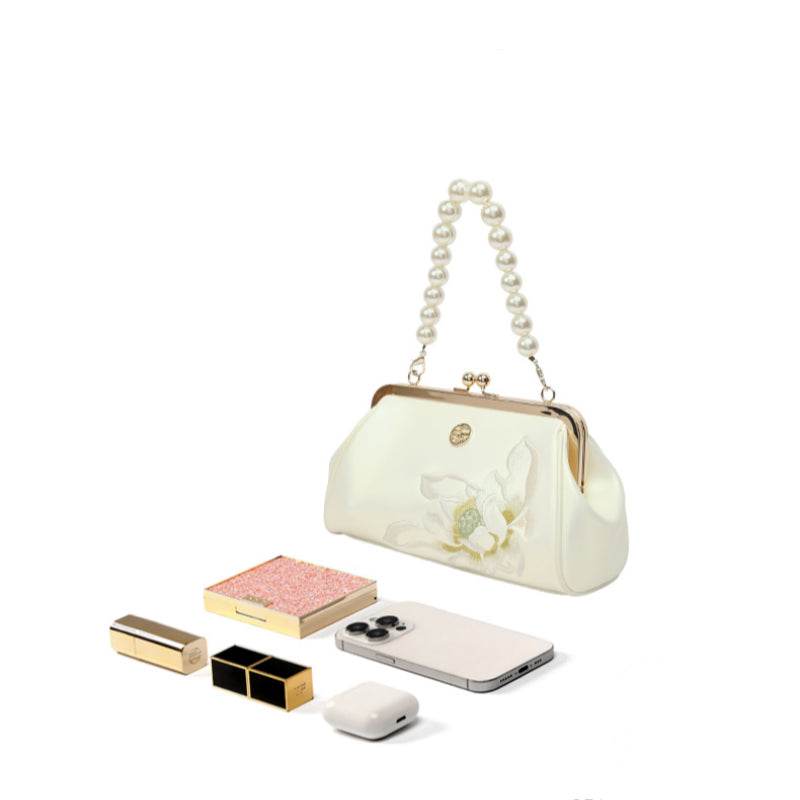 Embroidery Leather Kiss Lock Clutch Bag Lotus Evening Handbag - SinoCultural -- P220251
