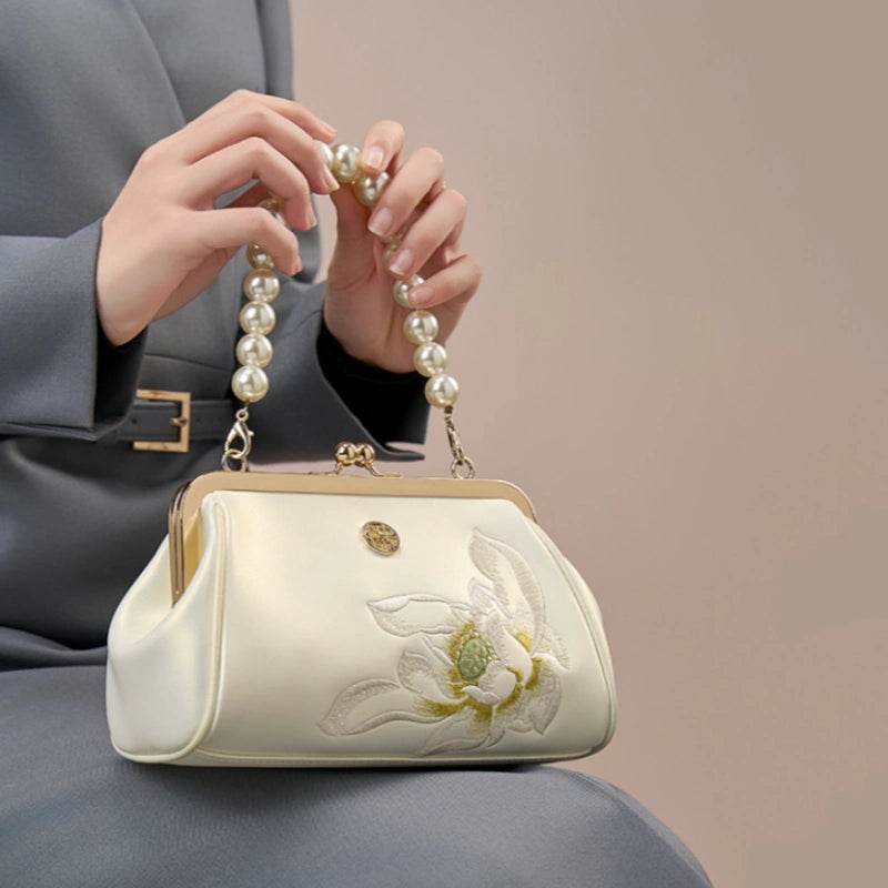 Embroidery Leather Kiss Lock Clutch Bag Lotus Evening Handbag - SinoCultural -- P220251