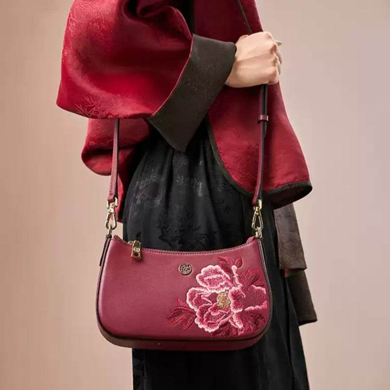Embroidery Leather Red Shoulder Bag Peony Women's Hobo Handbag - SinoCultural -- P220212-1