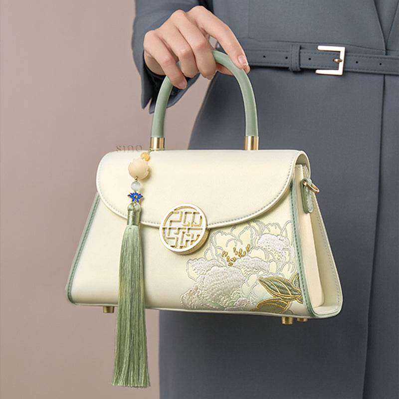 Embroidery Leather White Crossbody Bag Hibiscus Women Handbag - SinoCultural -- P120557